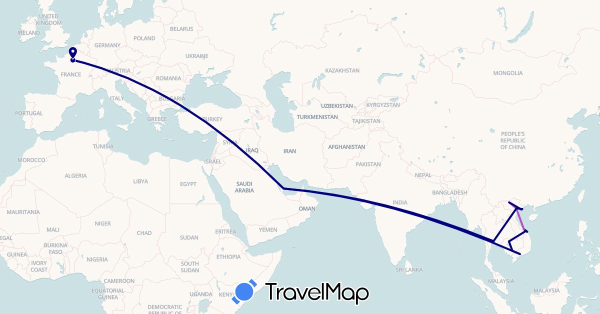 TravelMap itinerary: driving, train in France, Cambodia, Qatar, Thailand, Vietnam (Asia, Europe)